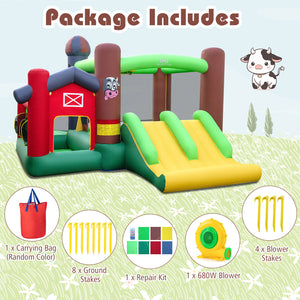 Kids Castle Slide Bouncer 6-in-1 Inflatable Castle with Trampoline and 680W Blower