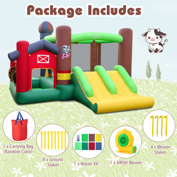 Kids Castle Slide Bouncer 6-in-1 Inflatable Castle with Trampoline and 680W Blower