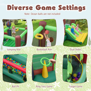 Kids Castle Slide Bouncer 6-in-1 Inflatable Castle with Trampoline and 680W Blower