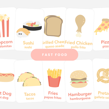 Colorful Fast Food Flashcards for imaginative pretend play, perfect for toddlers and young children.