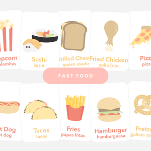 Colorful Fast Food Flashcards for imaginative pretend play, perfect for toddlers and young children.
