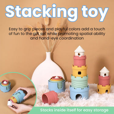 Colorful stacking toy for babies, perfect for teething and sensory play.