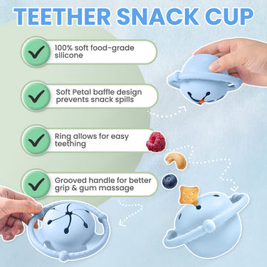 Teether Snack Cup for babies, designed for easy gripping and safe snacking on the go.