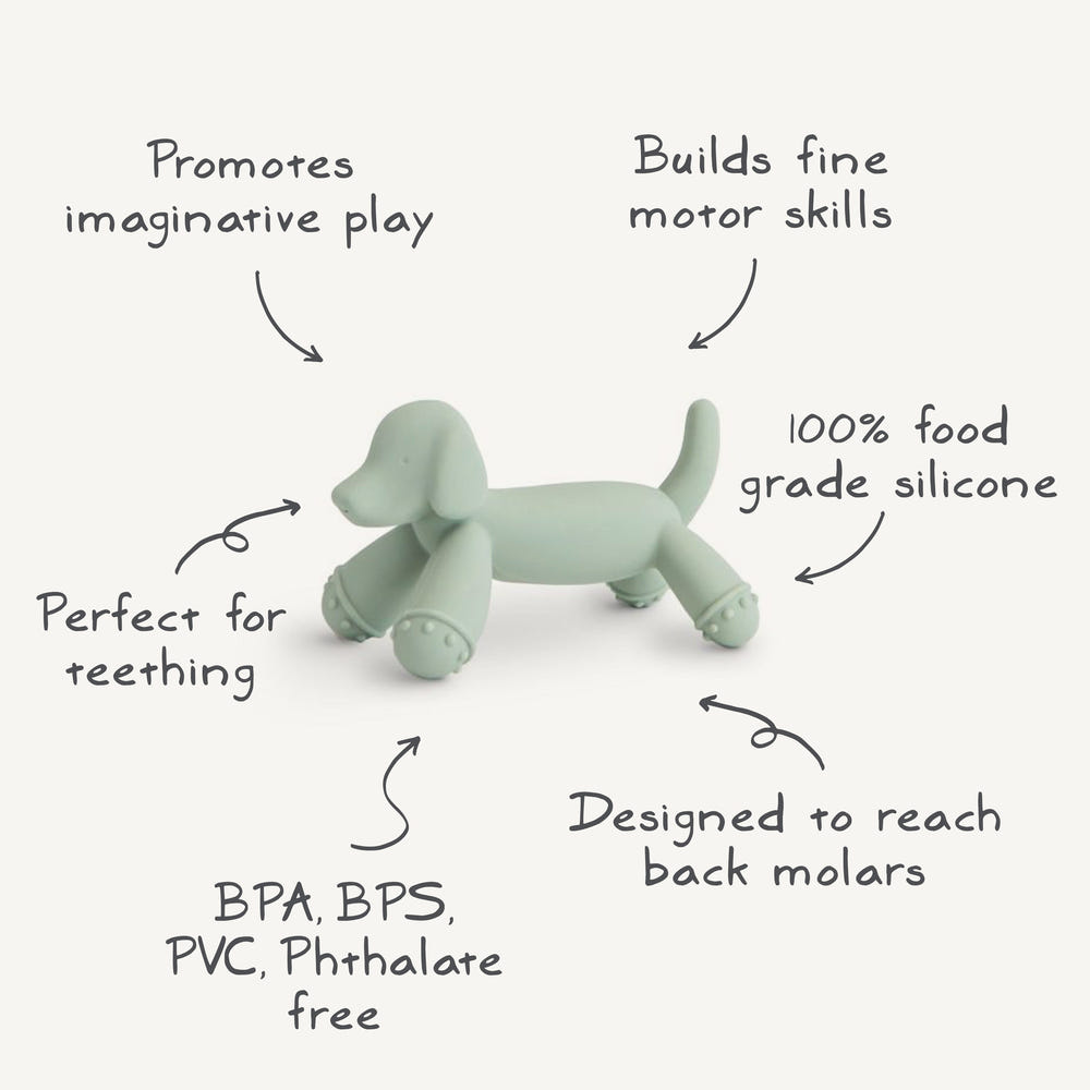 Cute dog figurine teether for babies, perfect for soothing gums and playful teething relief.