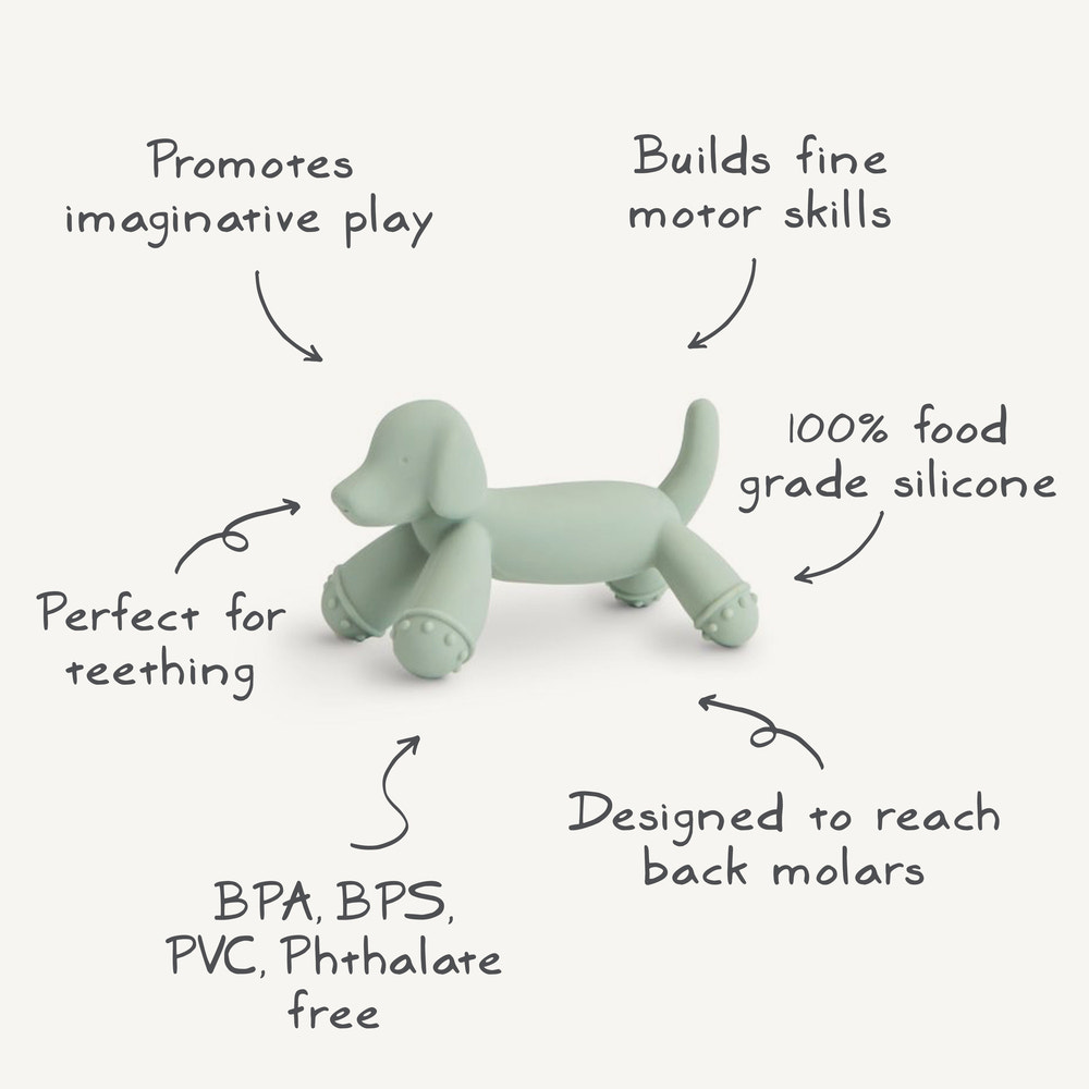Cute dog figurine teether for babies, perfect for soothing gums and playful teething relief.