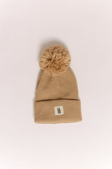 Taupe ff Knit Pom Top Beanie for babies - stylish and cozy headwear for little ones.