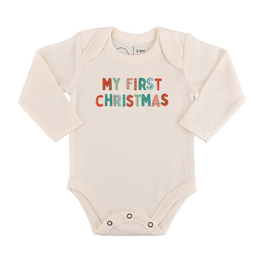 Long sleeve graphic bodysuit for babies, "My First Christmas," perfect for festive celebrations.