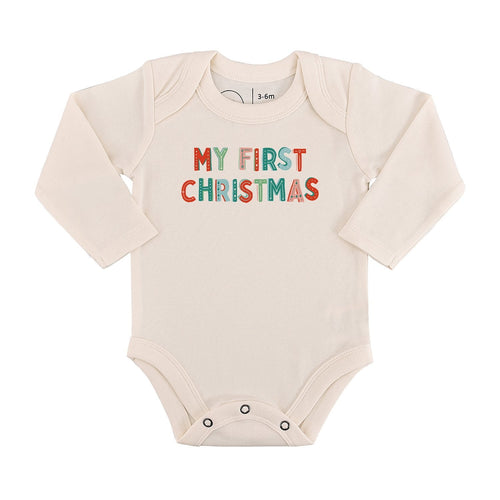 Long sleeve graphic bodysuit for babies, "My First Christmas," perfect for festive celebrations.