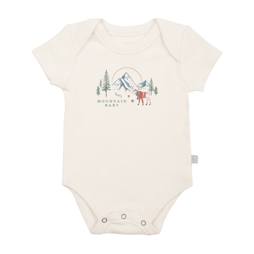 Graphic mountain baby bodysuit in short sleeves, angle view showcasing playful design for infants.