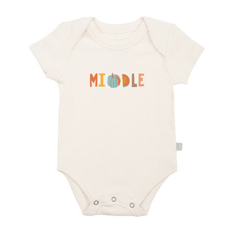 Graphic short sleeve bodysuit for babies, perfect for middle autumn. Angle 2 view showcases design and fit.