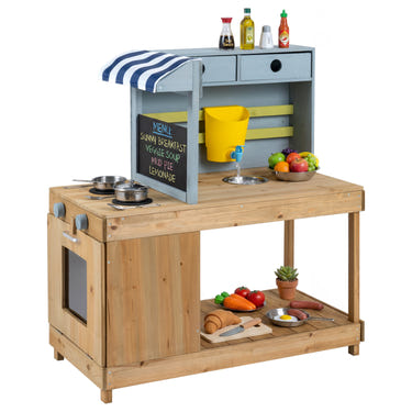 Fir Wood Kids Kitchen Playset with Canopy and Faucet-Natural