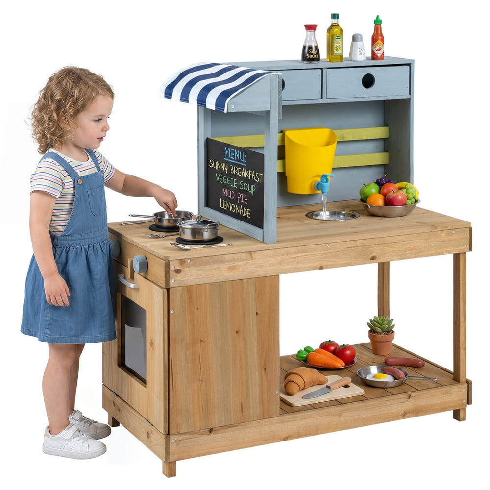 Fir Wood Kids Kitchen Playset with Canopy and Faucet-Natural