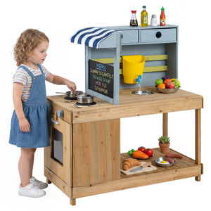 Fir Wood Kids Kitchen Playset with Canopy and Faucet-Natural