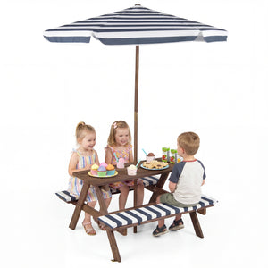Fir Wood Kids Picnic Table with 2 Built-in Benches and Umbrella