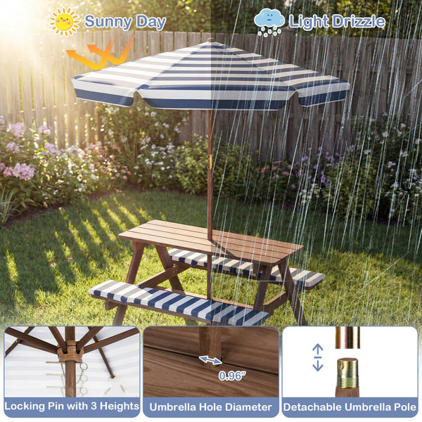 Fir Wood Kids Picnic Table with 2 Built-in Benches and Umbrella