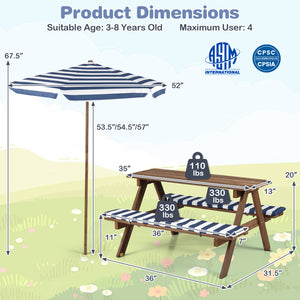 Fir Wood Kids Picnic Table with 2 Built-in Benches and Umbrella