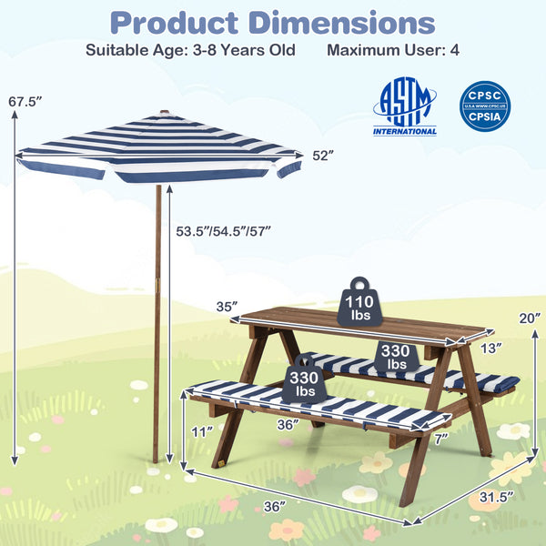 Fir Wood Kids Picnic Table with 2 Built-in Benches and Umbrella