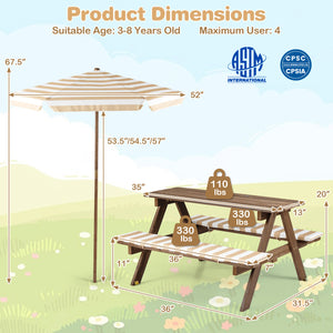 Fir Wood Kids Picnic Table with 2 Built-in Benches and Umbrella