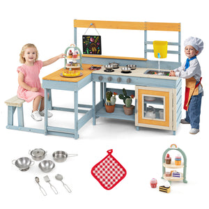 Fir Wood Play Kitchen with Kids Picnic Table and Built-in Bench
