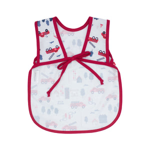 "Be Brave Firefighter Bapron for babies, angle view showcasing fun design and practical features."