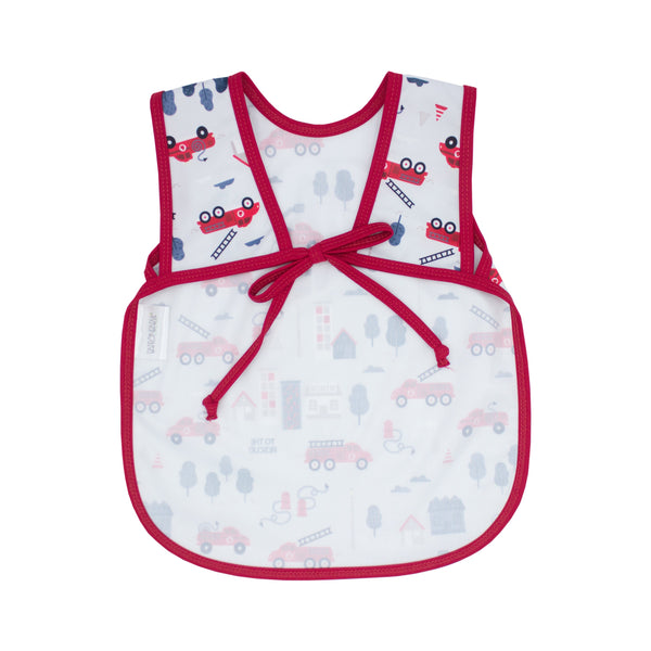 "Be Brave Firefighter Bapron for babies, angle view showcasing fun design and practical features."