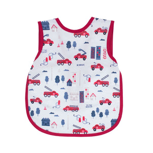 "Be Brave Firefighter Bapron for babies, angle view showcasing vibrant design and practical features."