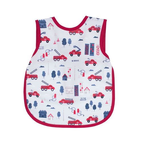 "Be Brave Firefighter Bapron for babies, angle view showcasing vibrant design and practical features."
