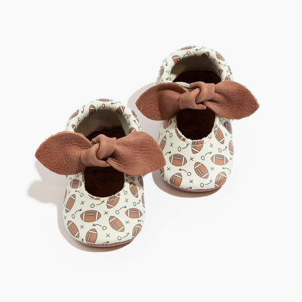 First Down Knotted Bow Baby Shoe - Stylish and comfy bow mocc for infants, perfect for any occasion.
