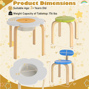 Flower-shaped Children Table Set Wooden Play and Activity Table with 2 Colorful Chairs and Stools-Multicolor