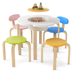 Flower-shaped Children Table Set Wooden Play and Activity Table with 2 Colorful Chairs and Stools-Multicolor