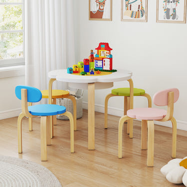 Flower-shaped wooden children table set with 2 colorful chairs and stools for play and activities.