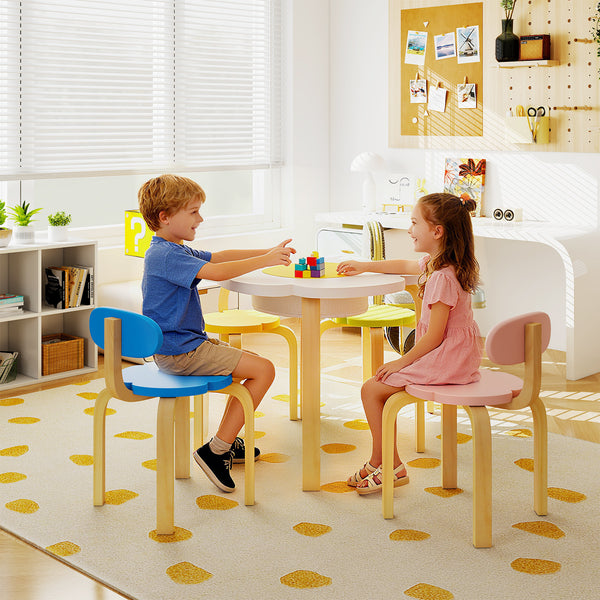 Flower-shaped Children Table Set Wooden Play and Activity Table with 2 Colorful Chairs and Stools-Multicolor