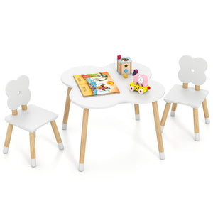 Flower-shaped kids table set with solid pine wood legs in white, angled view showcasing playful design.