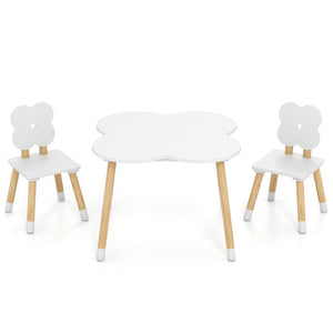 Flower-shaped kids table set with solid pine wood legs in white, viewed from angle 4. Perfect for playtime and creativity.