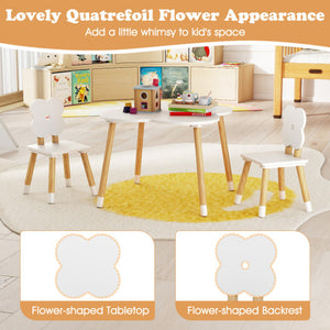 Flower-shaped kids table set with solid pine wood legs in white, perfect for playtime and creativity.