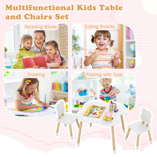 Flower-shaped kids table set with solid pine wood legs in white, angled view showcasing playful design for children.