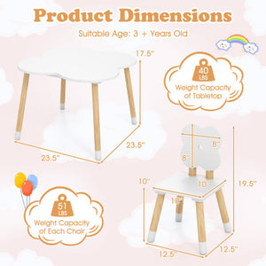 Flower-shaped kids table set with solid pine wood legs in white, perfect for playtime and creativity. Angle 5 view.