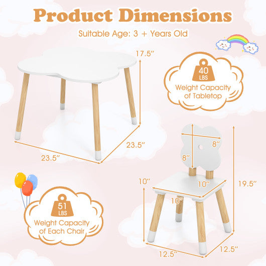 Flower-shaped kids table set with solid pine wood legs in white, perfect for playtime and creativity. Angle 5 view.