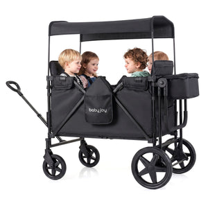 Foldable 4-Seater Push-Pull Wagon Stroller with Adjustable Canopy and Handles