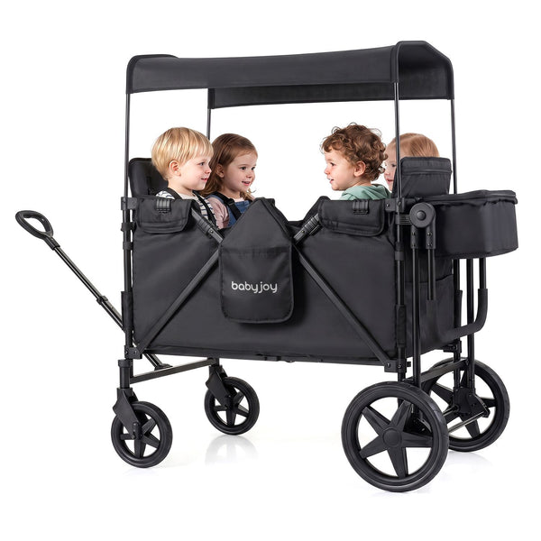 Foldable 4-Seater Push-Pull Wagon Stroller with Adjustable Canopy and Handles