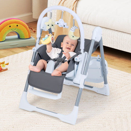 Foldable baby high chair in dark gray with adjustable height and reclining seat, perfect for mealtime convenience.