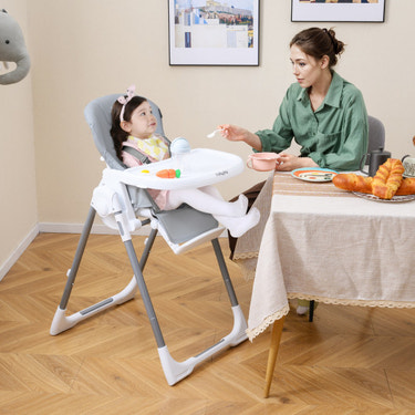 Foldable Baby High Chair with Adjustable Height and Relining Seat-Light Gray