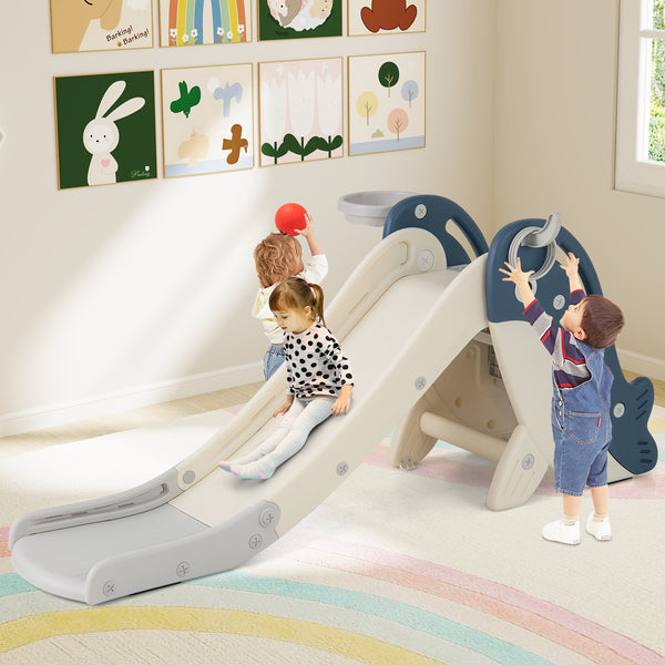 Foldable Freestanding Baby Slide Climber Playset with Basketball Hoop for Kids