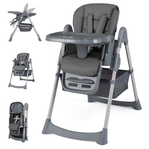 Foldable High Chair with 7-Level Height Adjustment for Babies and Toddlers-Gray