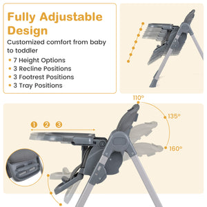 Foldable High Chair with 7-Level Height Adjustment for Babies and Toddlers-Gray