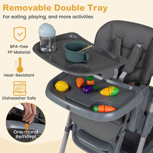Foldable High Chair with 7-Level Height Adjustment for Babies and Toddlers-Gray