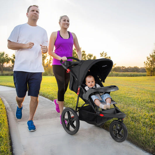 Foldable jogging stroller with detachable tray and air-filled rubber tires in black, perfect for active parents.