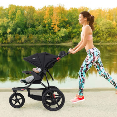 Foldable jogging stroller with detachable tray and air-filled rubber tires in black, perfect for active parents.