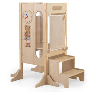 Foldable toddler tower with 2-step stool and safety net for potty training, designed for kids 3 years and older.
