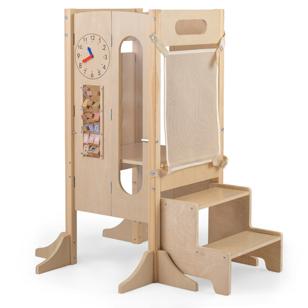 Foldable toddler tower with 2-step stool and safety net for potty training, designed for kids 3 years and older.